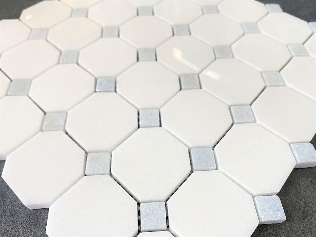 Octagon Thassos White with Sky Blue Dots Polished Marble Mosaic Floor Wall Tile (Box of 5 Sheets) Backsplash