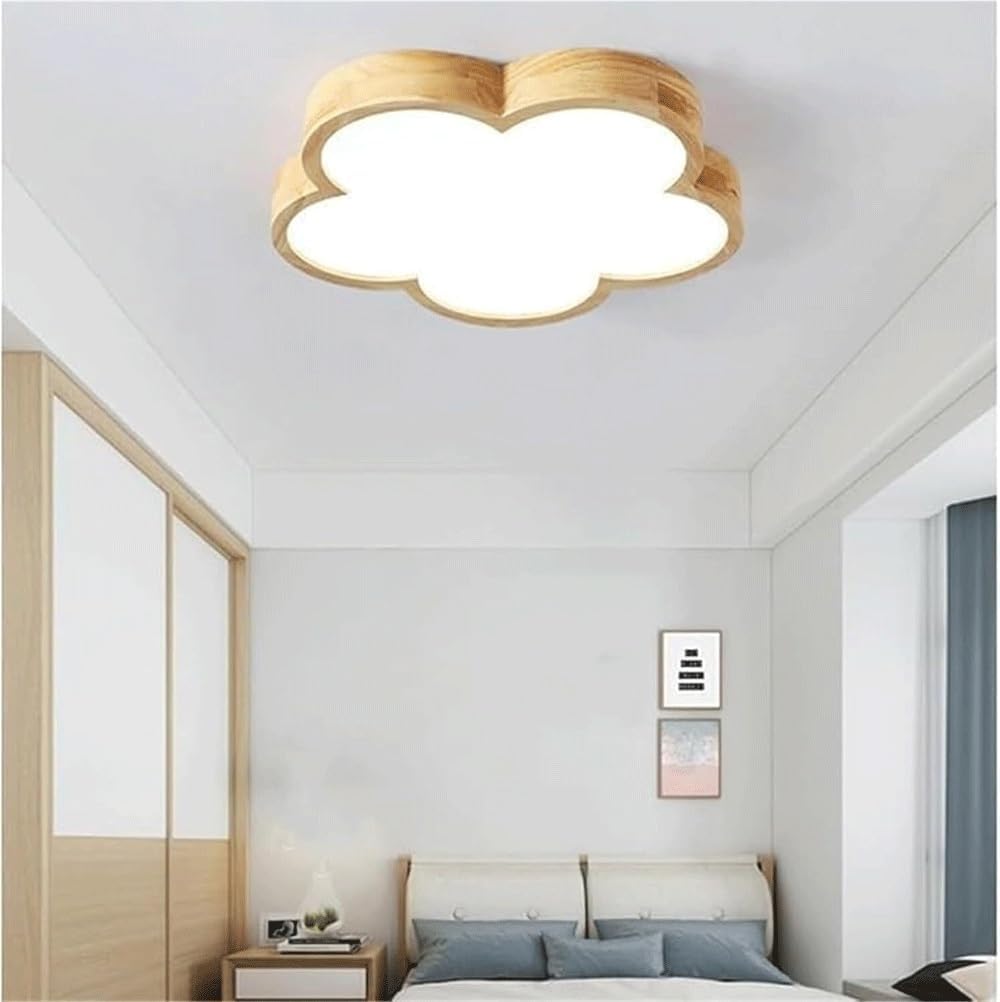 Nordic Modern LED Ceiling Light, Cute Cloud Shape Wooden Flush Mount Lamp, Ultra-Thin Acrylic & Natural Wood Grain
