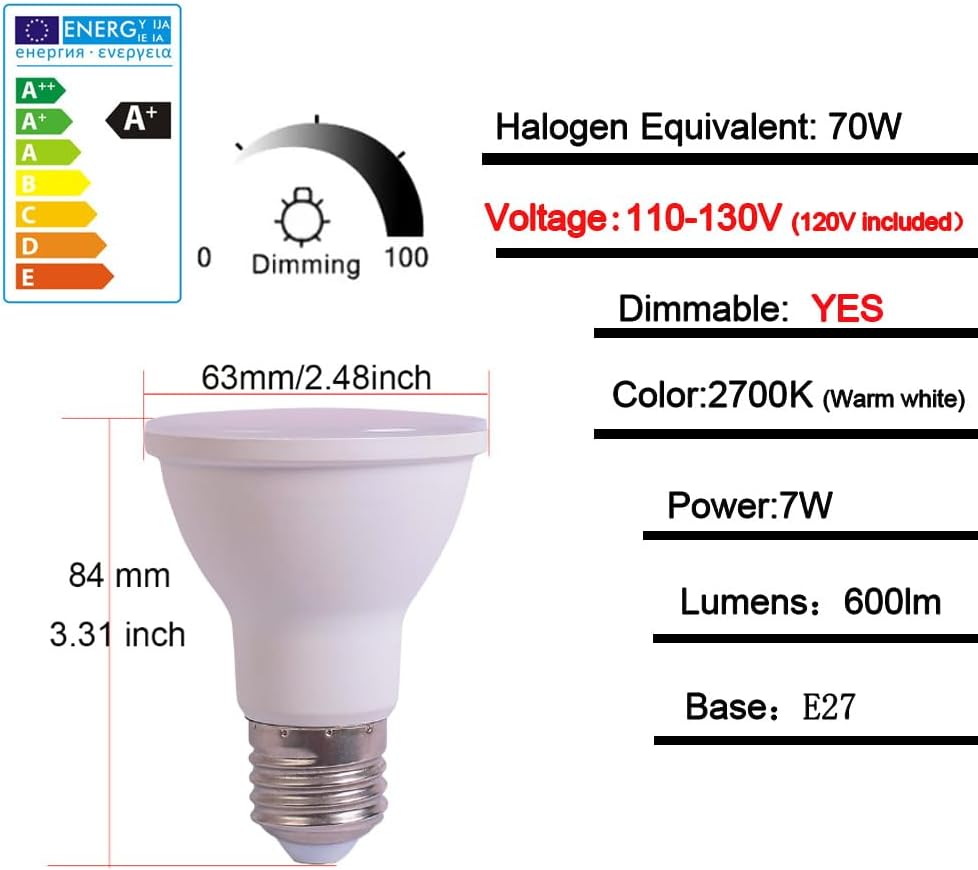PAR20 E27 120V Dimmable 7W 2700K Warm White led Bulb Equivalent to 60W 70W Halogen Bulb (2700K Warm White)