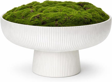 Fluted Pedestal Ceramic Moss Bowl | 11.75 Inch | Artificial Moss Centerpiece | Decorative Table Bowl