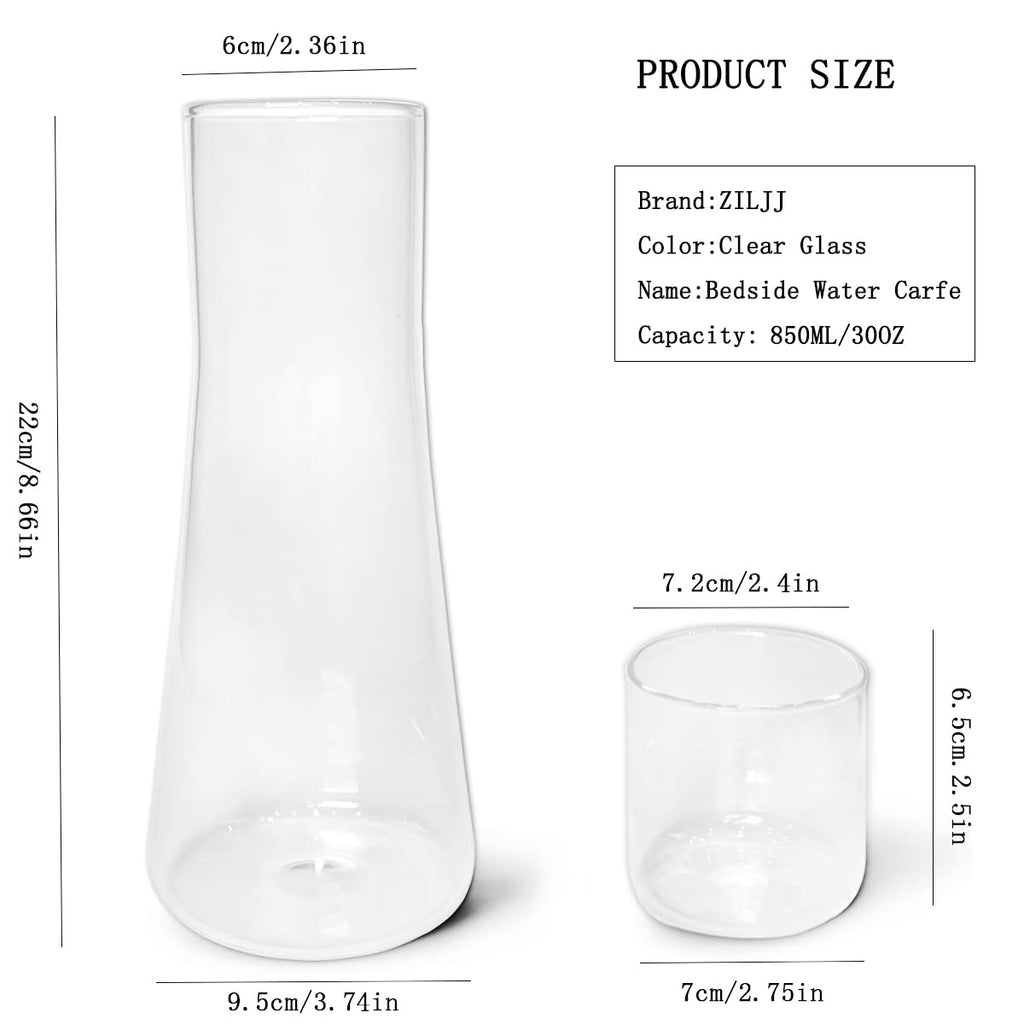30 oz/850ml Bedside Water Carafe and Glass Set with Cup, Clear