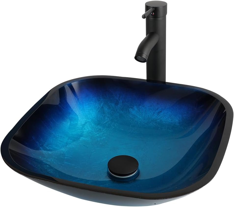 HM HomeMieco 17 Inch Square Blue Glass Vessel Sink Bathroom Bowl Sink with Faucet and Drain