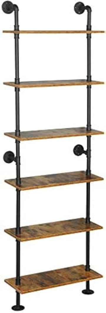 6-Tier Industrial Pipe Shelves Shelf Shelving Rustic Wood Metal Wrought Iron Ladder Bookcase Bookshelf Wall Mounted