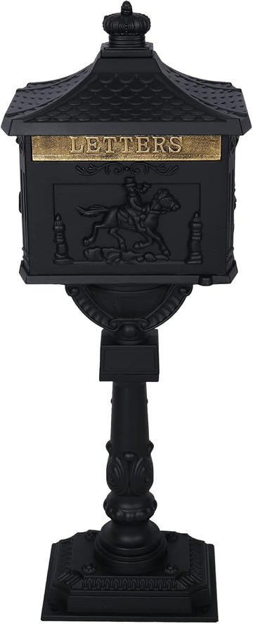 Cast Aluminum Mailbox with Post, Heavy Duty Postal Mail Box with 2 Keys, Expansion Bolts