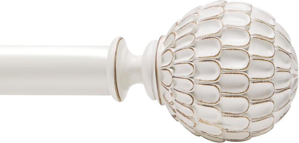Vintage White Boho Curtain Rod for Windows, 1-inch Heavy-Duty Adjustable Curtain Rod with Decorative