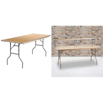 6 ft Rectangular Birchwood Folding Banquet Table with Metal Edges + 72" Bar Top Riser