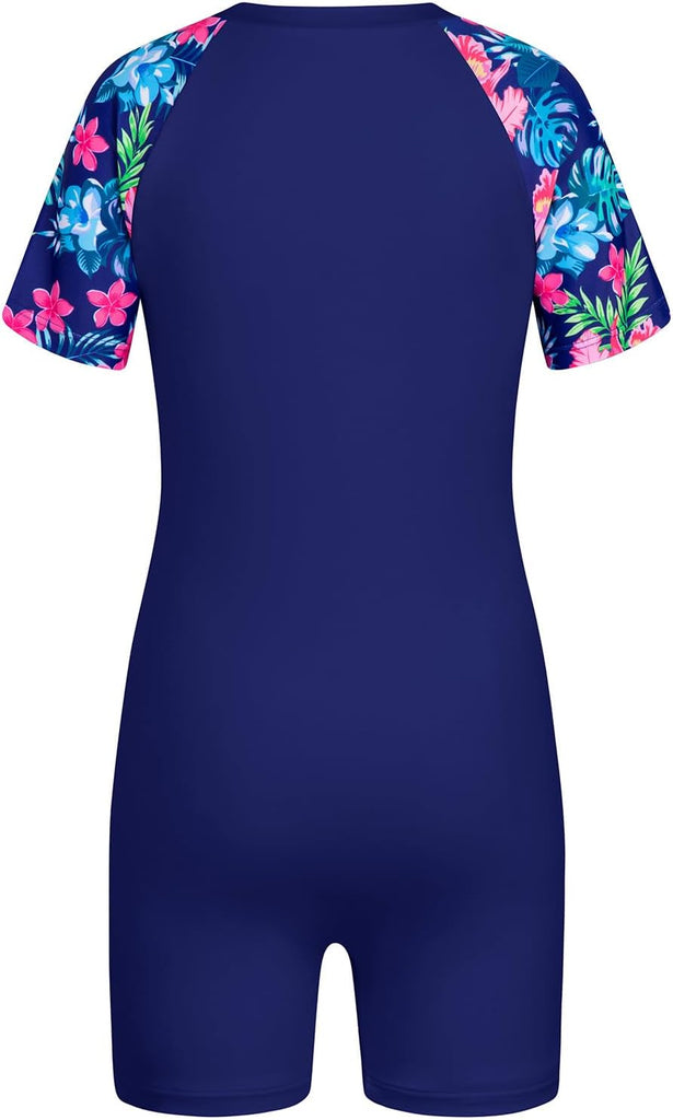 Girls Short Sleeve UPF 50+ Rash Guard Teen Colour Block One Pieces Bathing Suits with Zip