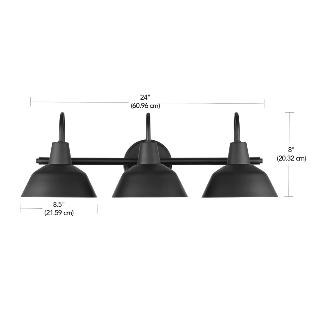 Barnyard 3-Light Vanity Light, Matte Black, White Interior Shades