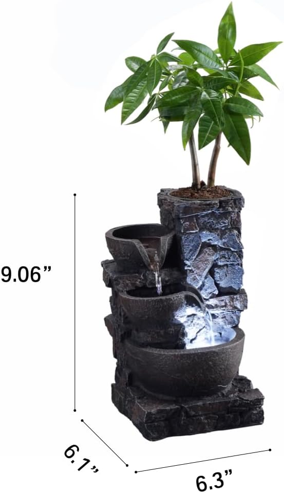 Indoor Tabletop Water Fountain with Planter Pot, Small Desk Waterfall with Cool LED Lights, Zen Decor, Calming
