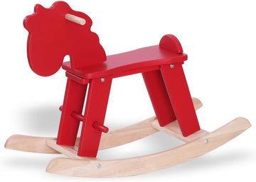 Red Wooden Rocking Horse for Preschool (Ages 3-6) - Solid Rubber Wood, Safe & Comfortable Footrest, Supports Physical