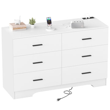 Dresser White Drawer with Power Outlets Wood 6 Drawer Dresser with Large Organizer Tall Modern Chest of Drawers Close