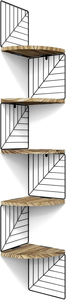 Corner Wall Shelf 5 Tier,Solid Wood,51" Tall,Carbonized Black | Easy to Install,Leaf-Shaped Floating Wall