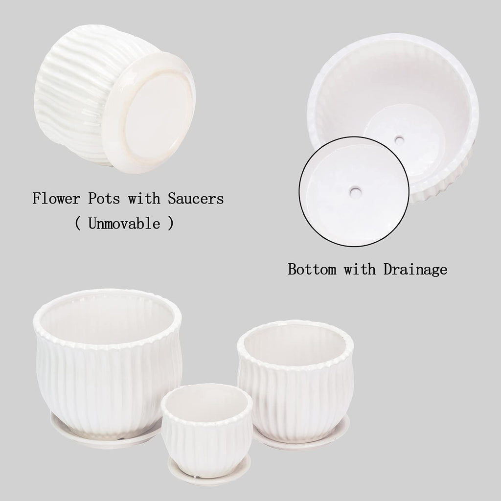 Ceramic Flower Plant Pots with Saucers, Modern Round Ceramic Succulent Planter Pots with White Stripe Texture, Small