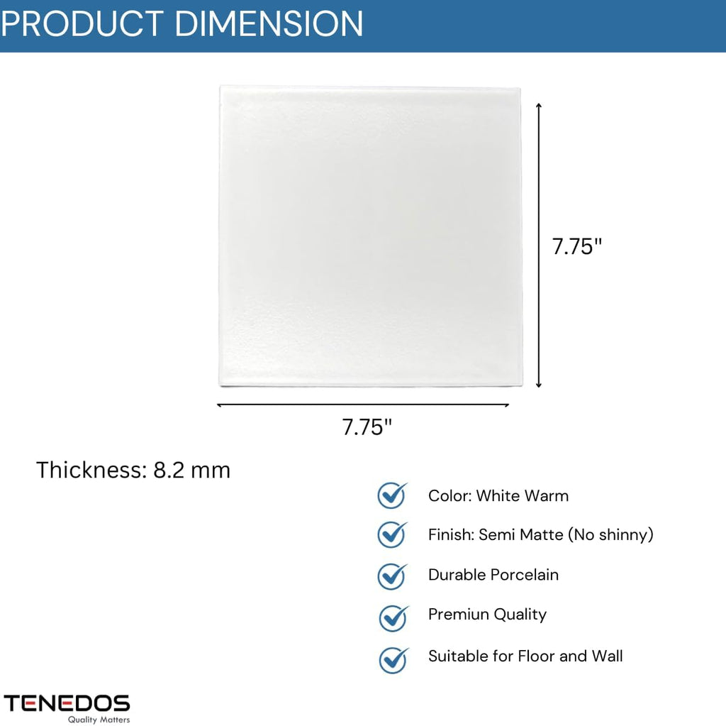 White 8x8 Subway Square Porcelain Floor Wall Tile Matte Finish (Box of 12.7 Sqft - 30 Pieces) for Backsplash Kitchen