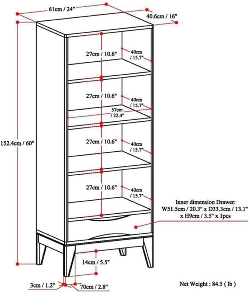 Mid-Century Bookcase, 60" H x 24" W x 16" D, Solid Rubberwood, Walnut Brown Finish, Adjustable Shelves, Drawer with