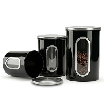 3-Pcs Black Canisters Set Storage Airtight Jars