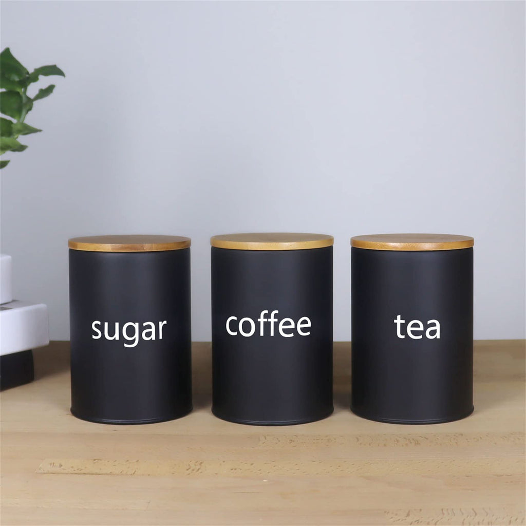 Metal Food Storage Jar Farmhouse Coffee Canisters with Bamboo Lids, Black Kitchen Canisters Set of 3 Decorative