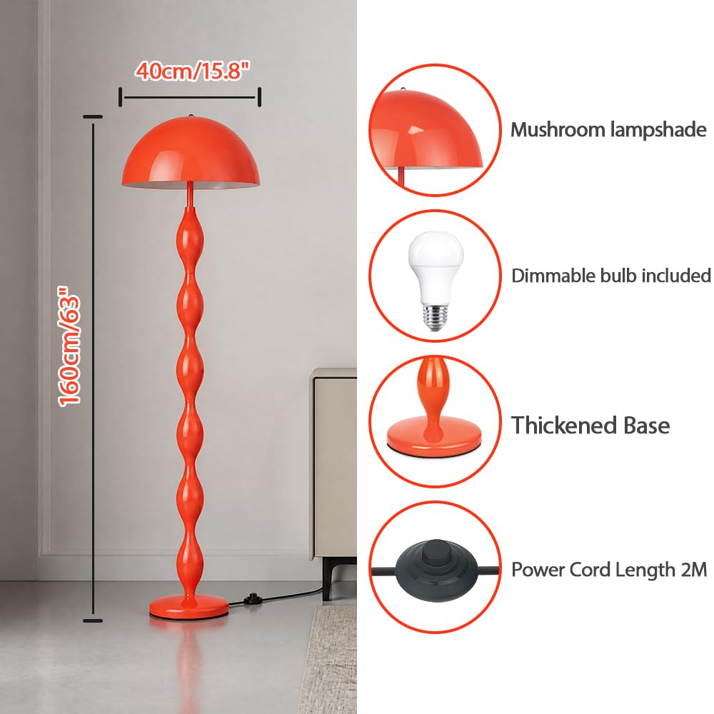 Orange Mushroom Floor Lamp, Dimmable Standing Lamp with Remote Bulb