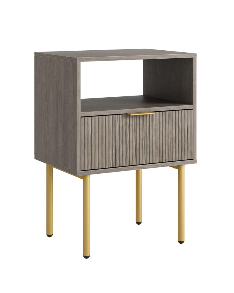 Night Stand, Mid-Century Modern Bedside Table with Storage Drawer and Open Wood Shelf, Small Gold Frame Side Table