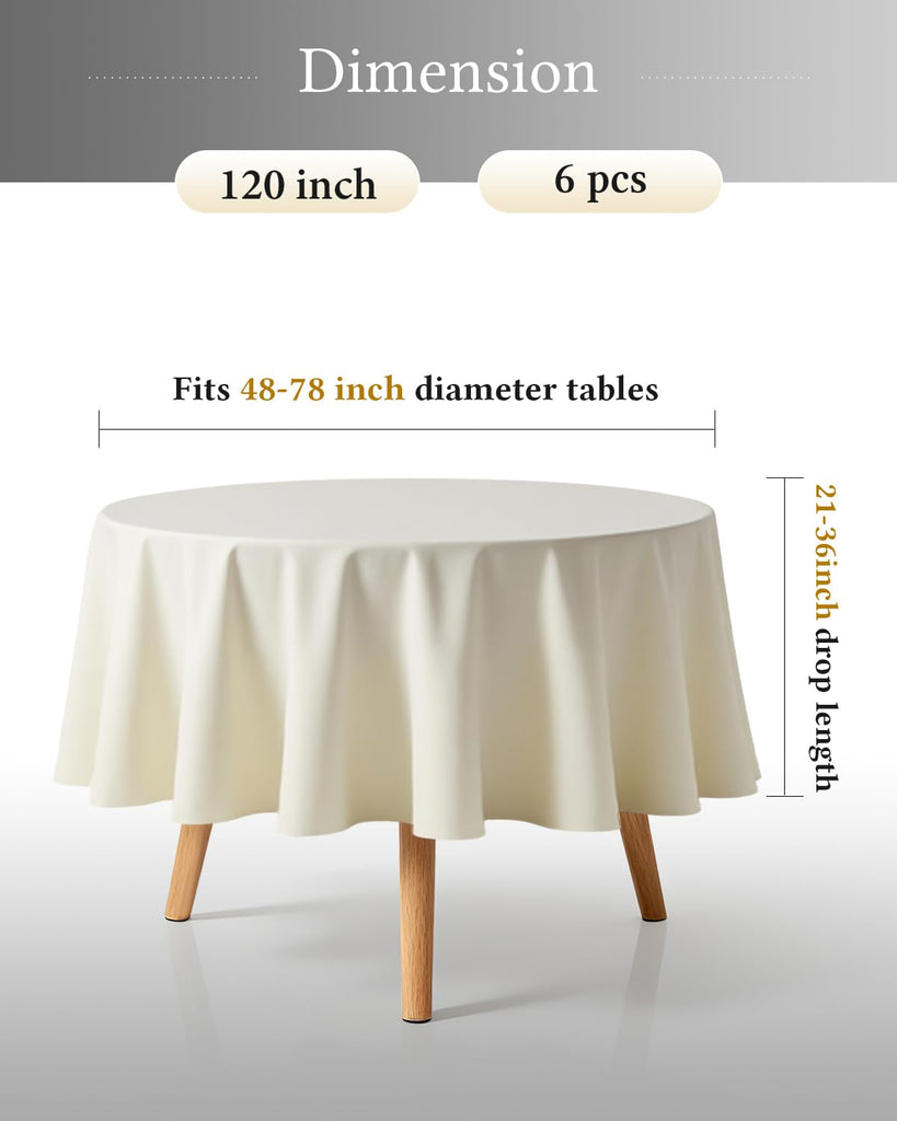 6 Pack 120 Inch Ivory Round Polyester Tablecloth for 48"-78" Tables