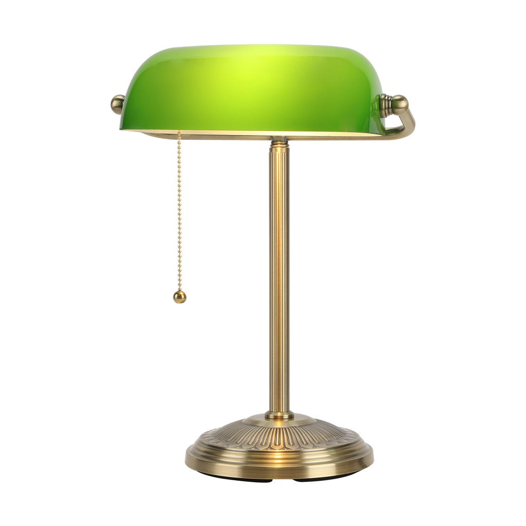 Bankers Lamp, Brass Finish with Pull Switch, Green Glass Shade