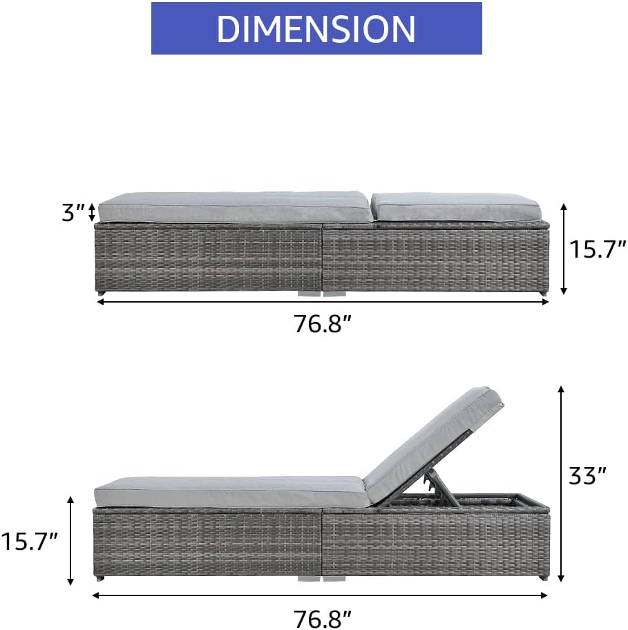 Outdoor Patio Chaise Lounge Chair Set of 2, Grey Wicker, Light Grey