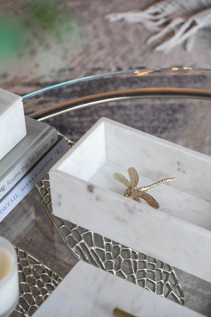 White Marble Rectangular Storage Box with Brass Handle, Contemporary Accent Box, Removable Lid, 14.5' x 7'