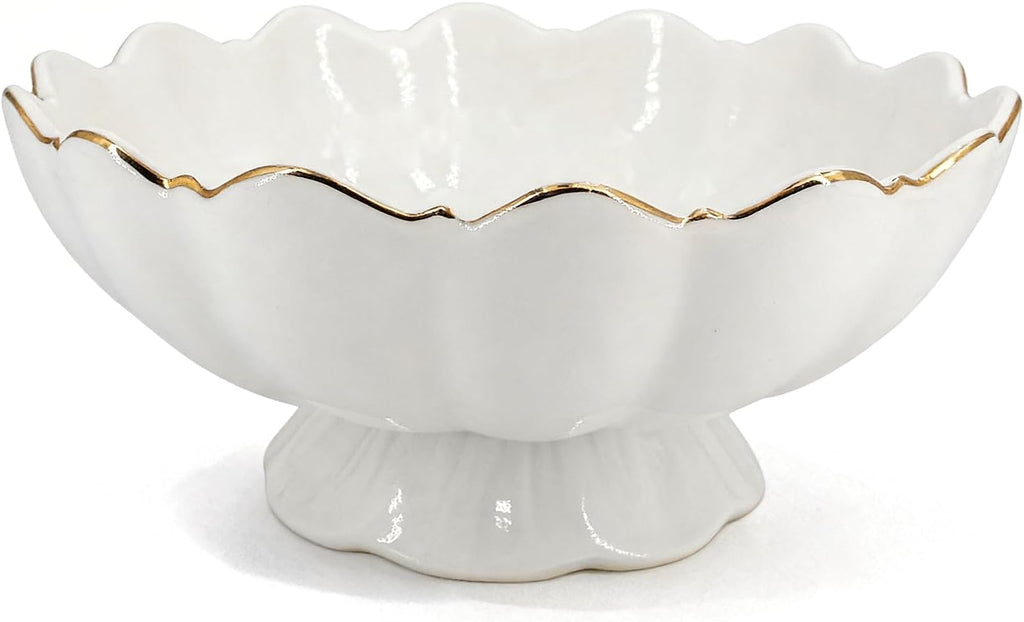 White Small Decorative Bowl 8 Inch Ceramic Key & Fruit Bowl Ruffle Lotus Shape with Gold Rim Candy Bowl, Multi-Use