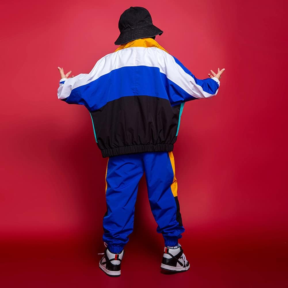 Boys Girls Color Block Jacket Track Pants Set Hip Hop Dance Clothes