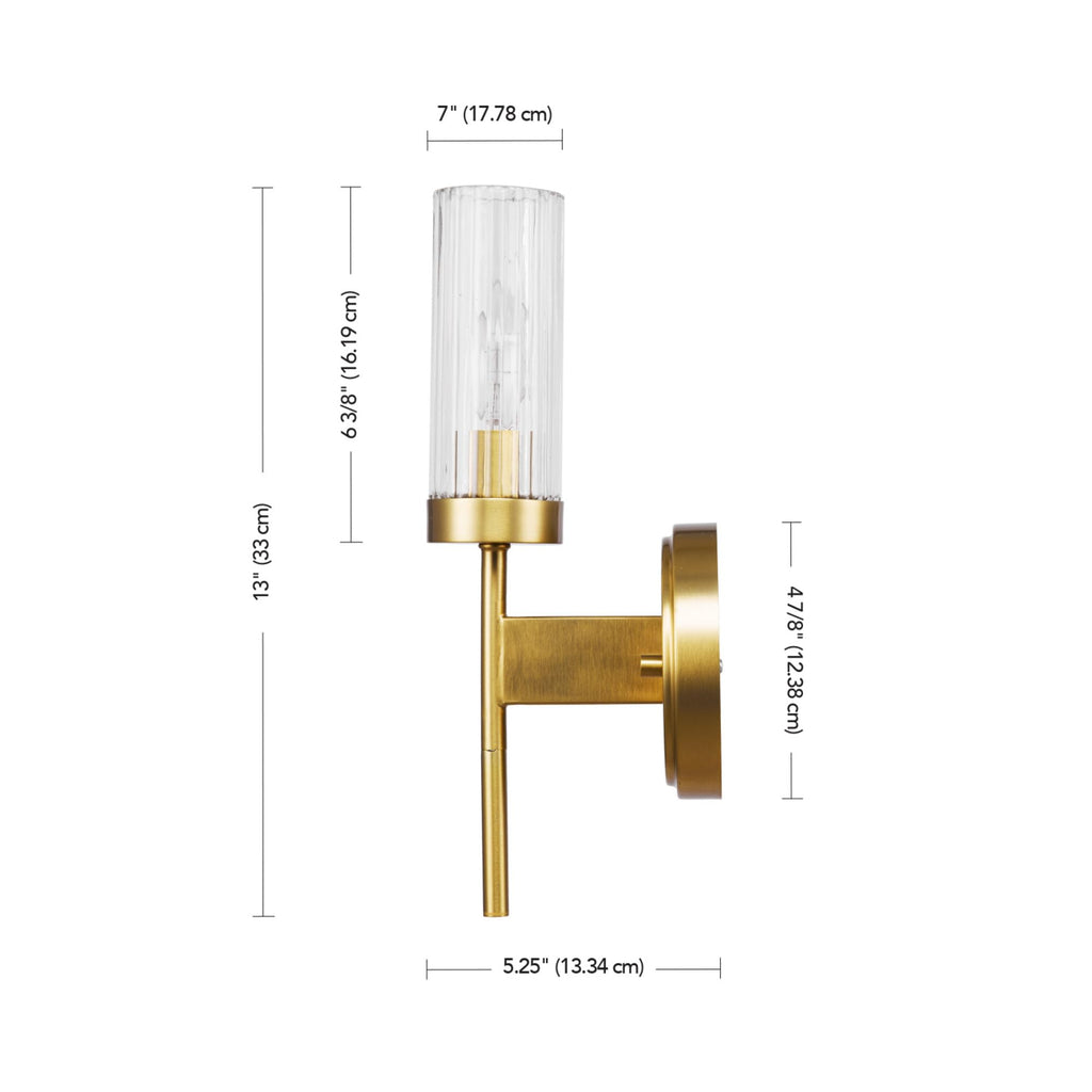 Wall Sconce, Matte Brass, Ribbed Clear Glass Shade, E12 Candelabra, Dimmable, 65000103