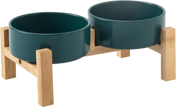 Elevated Ceramic Dog Bowl Set - Raised Dog Bowls with Non Slip Bamboo Stand, Food and Water Bowl Set for Kitty, Cats