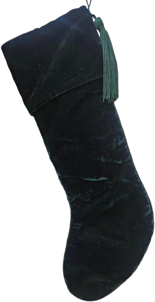 Handmade Dark Green Velvet Christmas Stocking 21"x7" - Beaded Santa & Reindeer Design | Luxury Embroidered Holiday