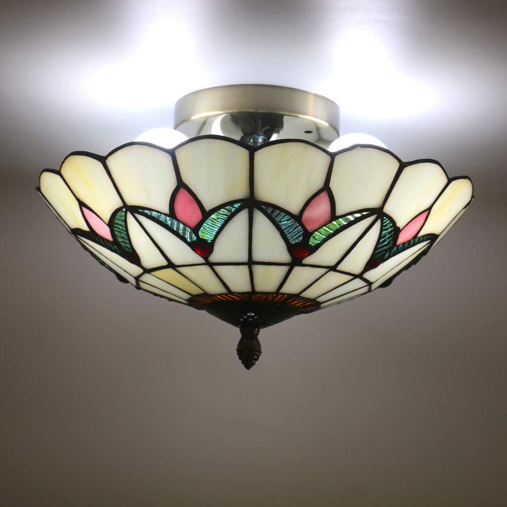 12 Inch Vintage Chandeliers Light Tiffany Style Ceiling Light Fixture Stained Glass Flower Flush Mount Ceiling