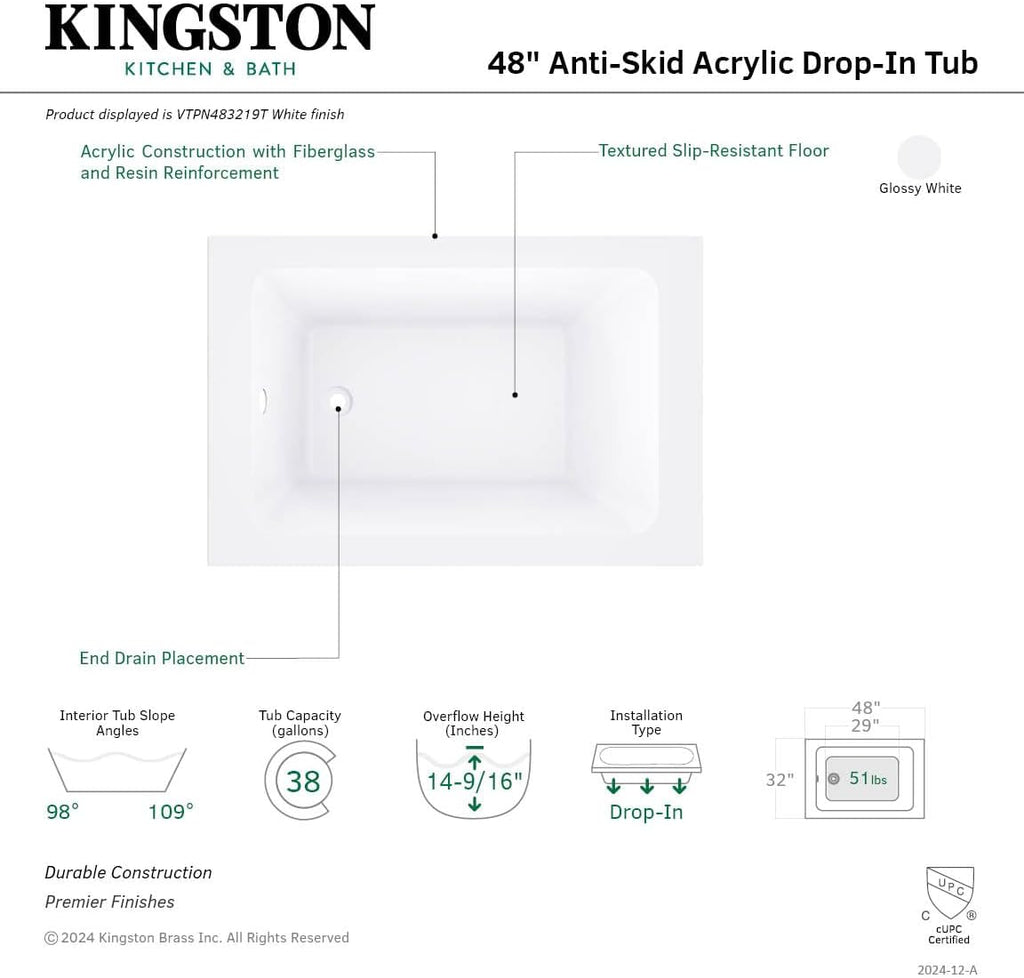 VTPN483219T 48-Inch Acrylic Drop-In Tub, Glossy White