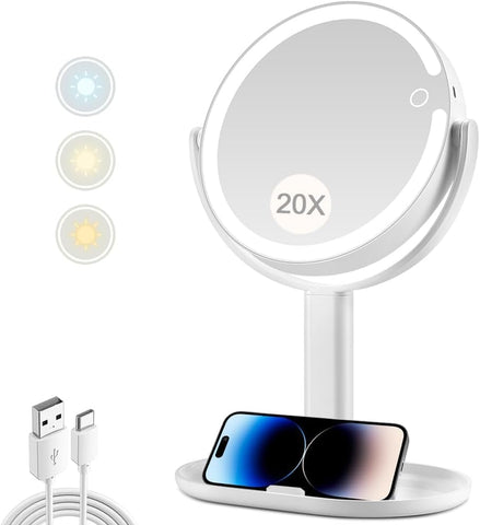 Makeup Mirror with Lights,20X Magnifying Mirror with Light and Touch Switch,Vanity Mirror with 3 Color Light and 80