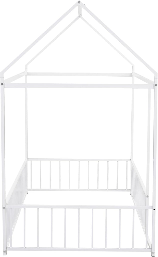 Twin Size Montessori Floor Bed, Metal House Bed Frame for Kids, Floor Beds with Fence, White
