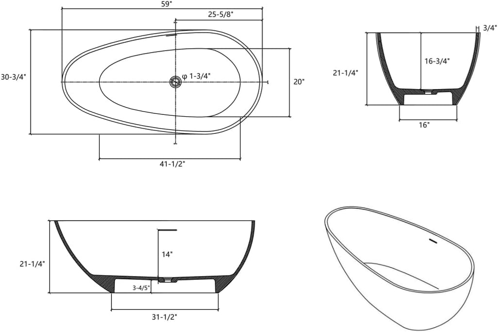 59 Inches Stone Resin Freestanding Soaking Bathtub, Handcrafted Solid Surface Flat Bottom Tub In Matte White, Cupc