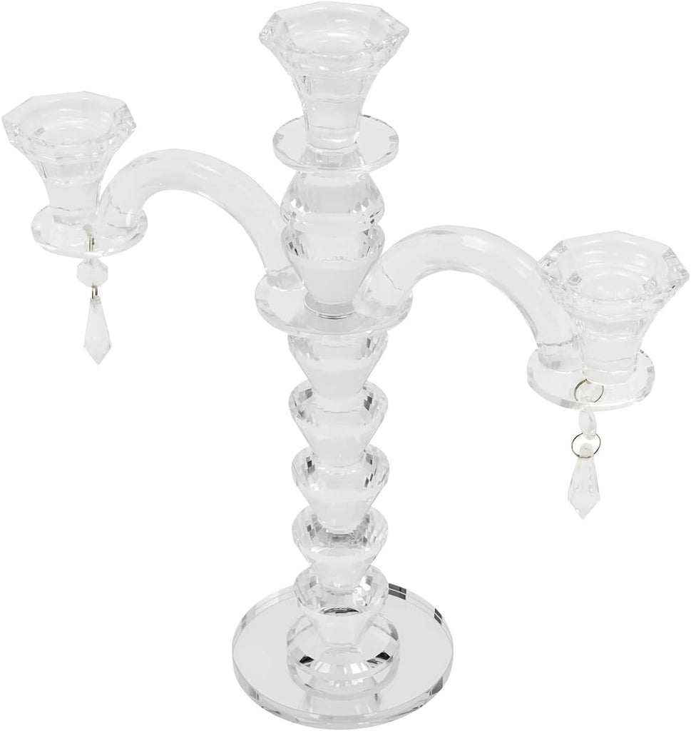 3 Arm Crystal Candelabra Centerpieces for Tables, Crystal Glass Taper Candle Holder Candelabra with Chandelier Chains