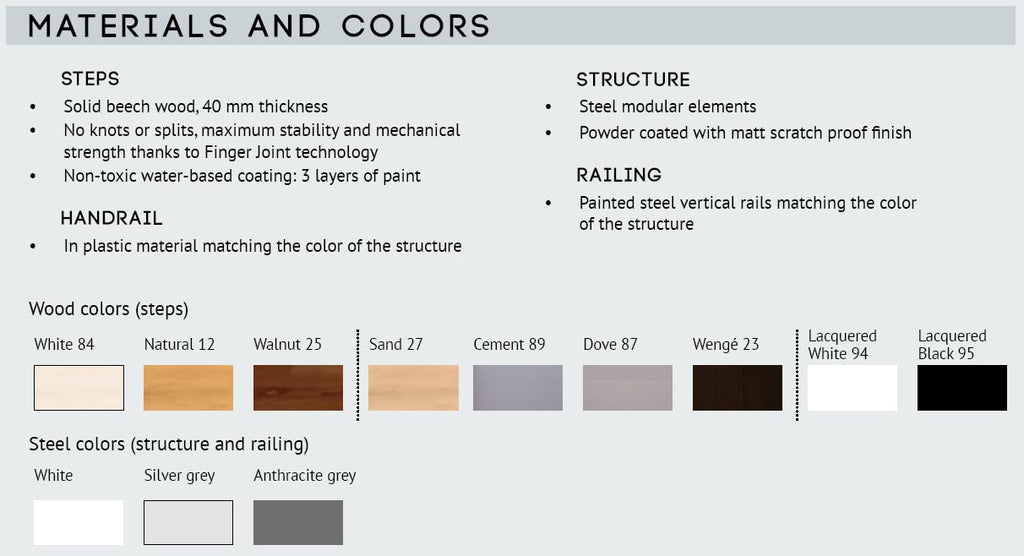 Italian Indoor Spiral Staircase Beech Wood Step 40mm Thick 9 Colors, PVC Handrail & Steel Railing Spacers in 3 Colors
