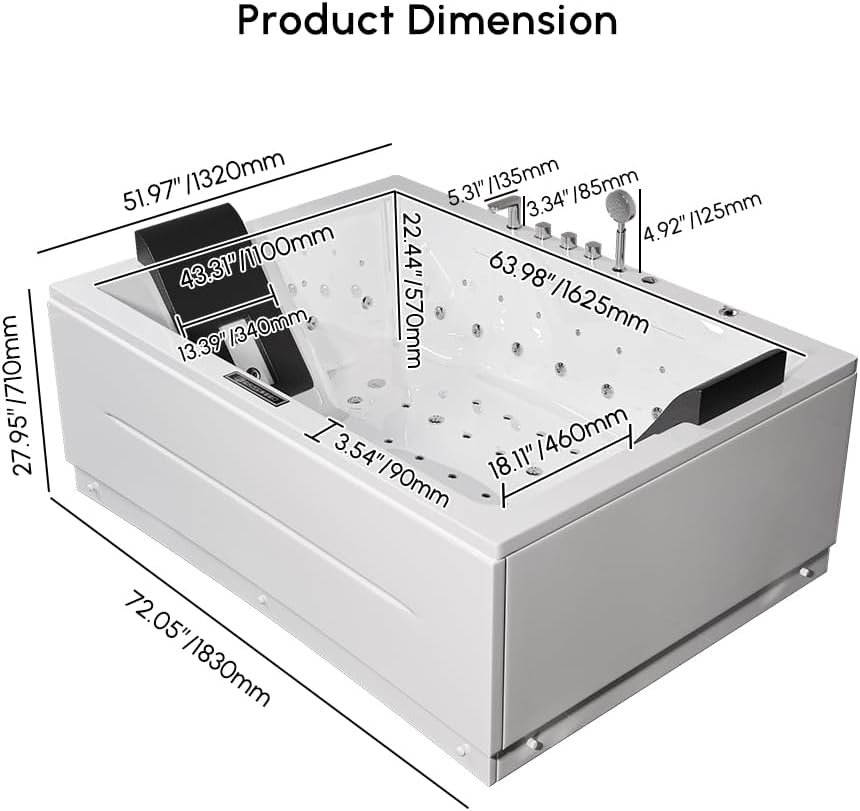 Whirlpool Bathtub 2 Person Jetted Bathtub 71" Massage Whirlpool Tub with 18 Water Jets+20 Air Jets,3 Sided Apron