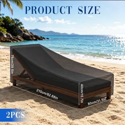 2 Pack Heavy Duty Patio Chaise Lounge Covers, Waterproof & UV Resistant with Windproof Straps, Black, 83" x 32" x 30"