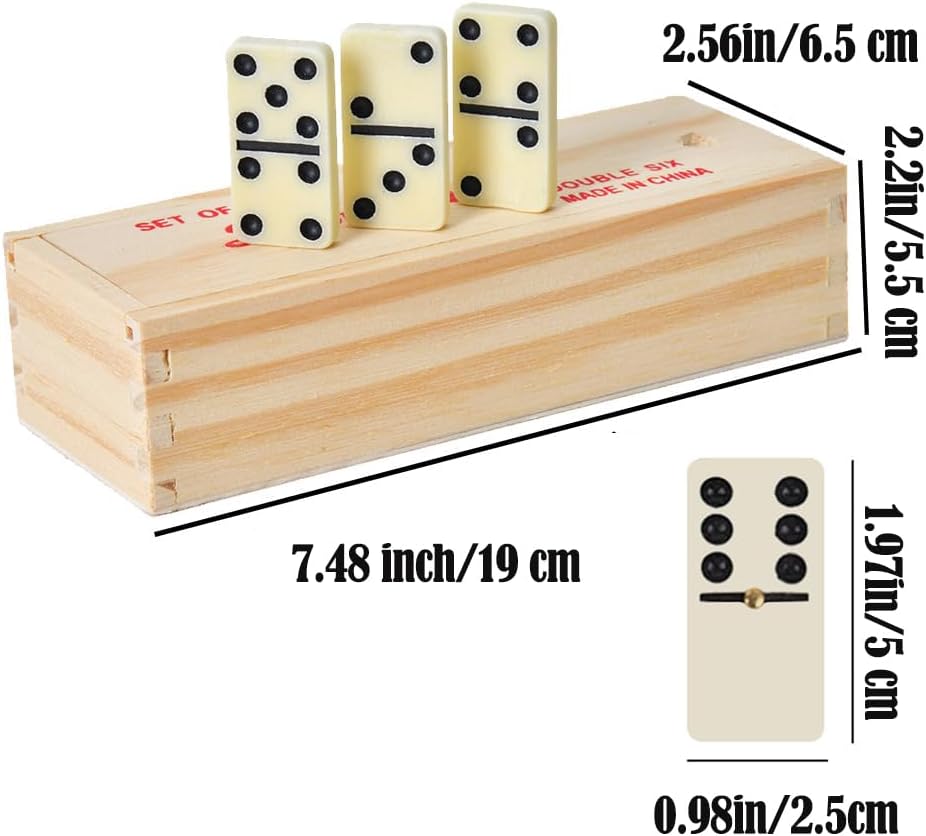 Dominos Set for Adults with Wood Box - Tile Dot Dominoes Games Set ,Classic Dominoes Set, 28 Tiles, Natural Wood - Set of 28