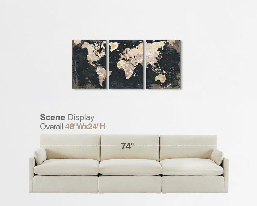 Office Wall Art Bedroom Framed Black Vintage World Map