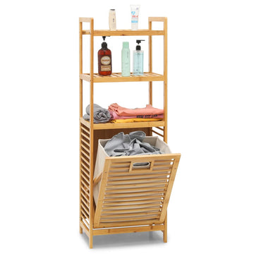 Tilt-Out Hamper for Laundry 3-Tier Bamboo Pull-Out Laundry Hamper Floor Stand Bathroom Storage Shelf Cabinet, 46.5"