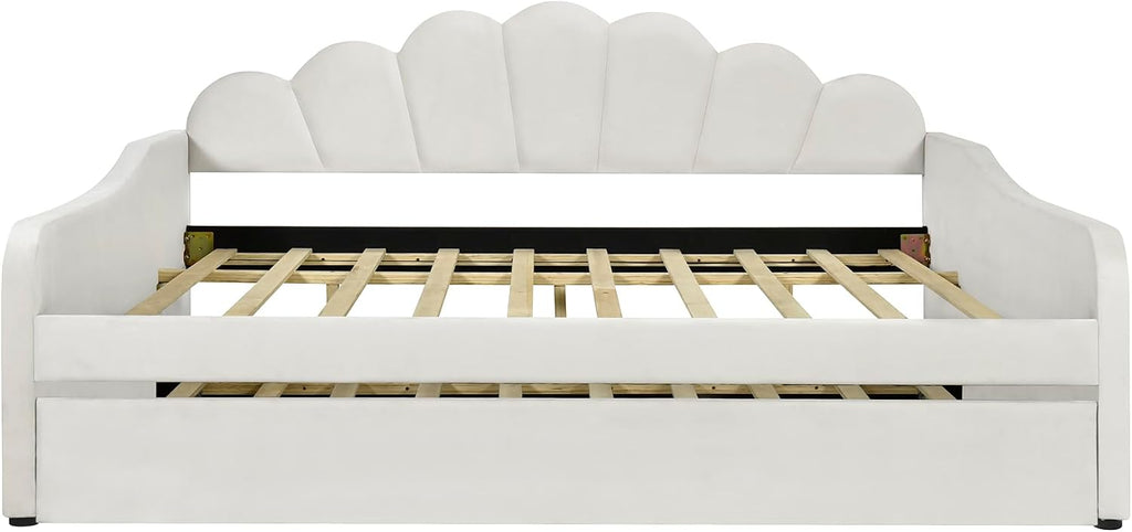 Full Size Daybed with Trundle,Velvet Upholstered Day Bed Frame Full with Shall Shaped Backrest and Wood Slat