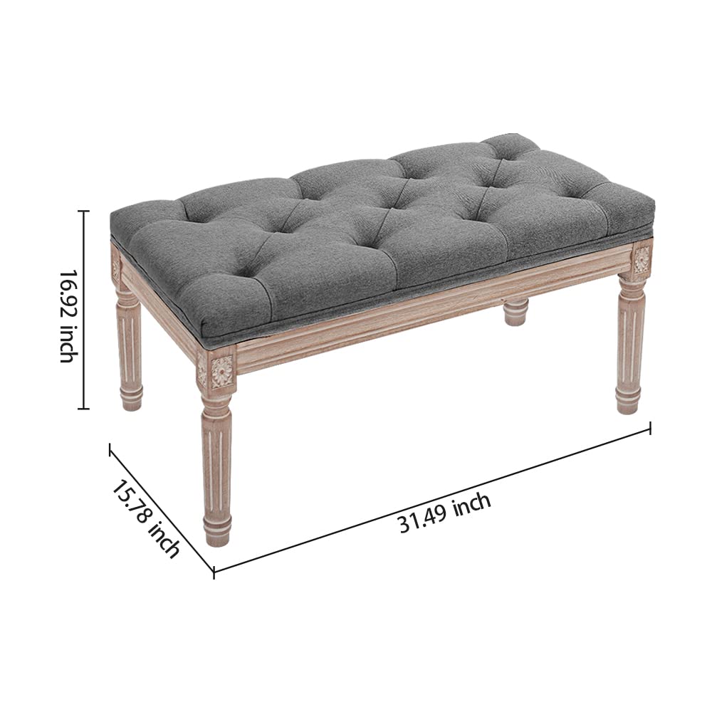 31.5 Inch Fabric Upholstered Entryway Ottoman Bench - Classic Bedroom Bench with Rustic Wood Legs, Set of 1, Dark Grey
