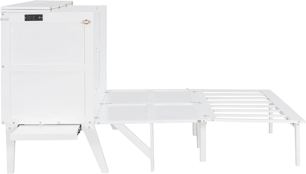 Foldable Murphy Cabinet Bed with Removable Shelves on Each Side and Desk, Queen Wood Murphy Bed with USB Port for