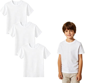 3 Pack White t Shirts for Kids,Crew Neck Short Sleeve Boys Clothes Undershirt, Boys Tank Tops Polyester tee Bulk