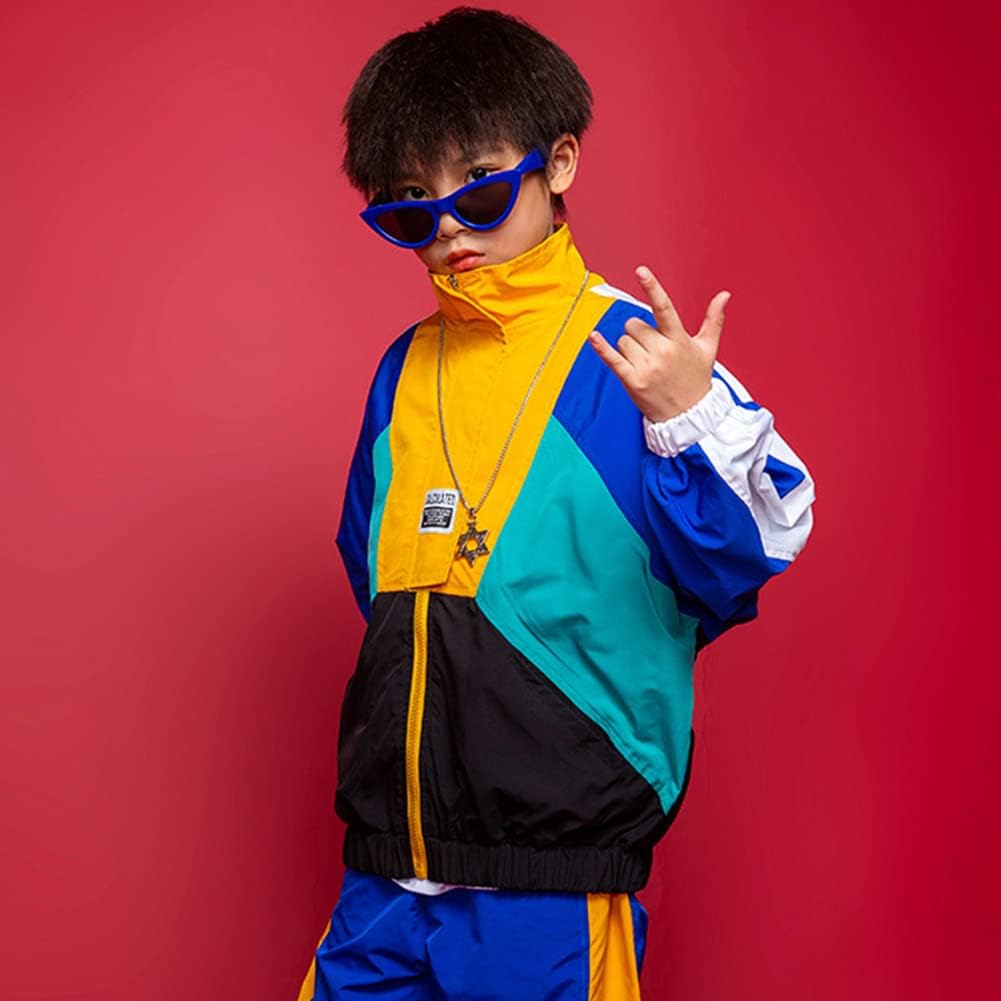 Boys Girls Color Block Jacket Track Pants Set Hip Hop Dance Clothes
