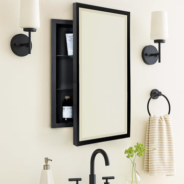 Black Metal Framed Recessed Bathroom Medicine Cabinet with Mirror Rectangle Beveled Vanity Mirrors for Wall 16 x 24
